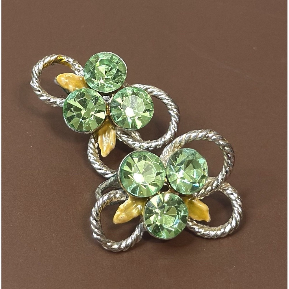 Vintage Rhinestone Enamel Clip On Earrings UV Reactive Glow Green Silver Tone